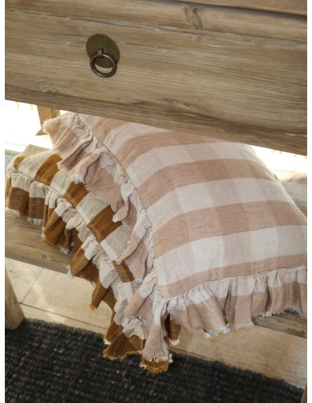 Funda de cojín Boho Frangé Vichy Cottage Bois de Rose