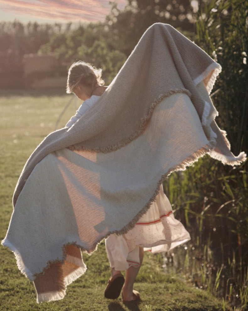 Vice Versa Plaid Fringed Double Face Virgin Wool & Cotton Washed, Orgeat / Fior di Latte